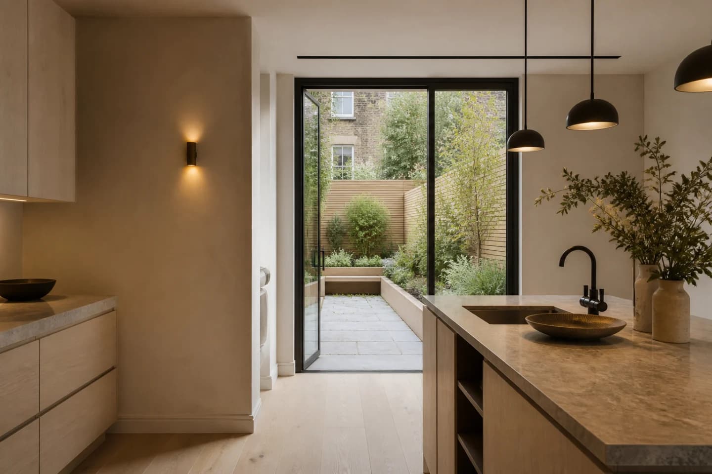 A warm stone kitchen with a long island, opening onto a planted courtyard